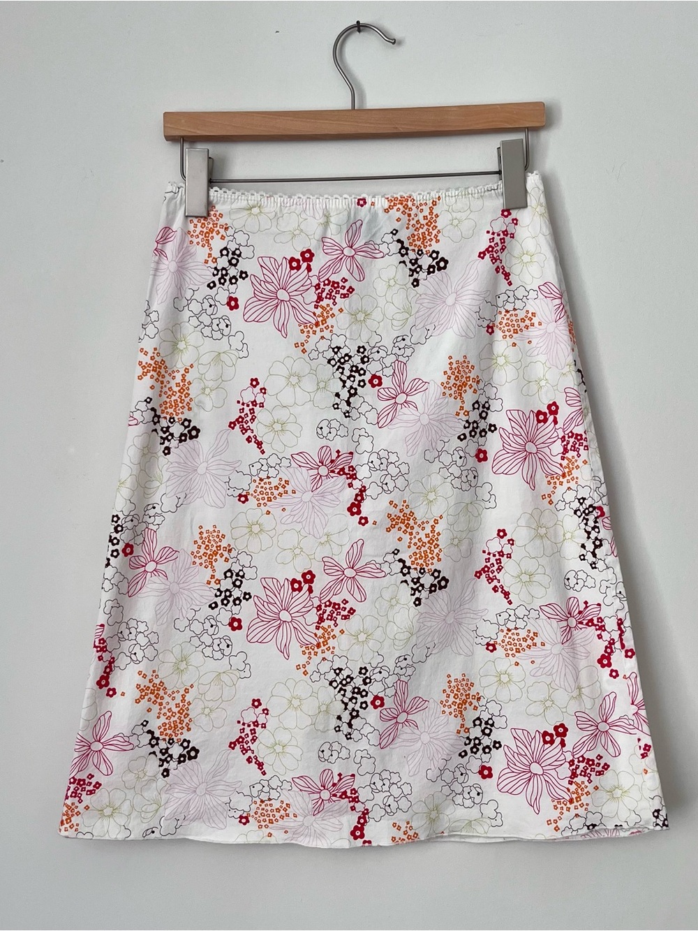 Dynamite White Midi Skirt with Pink, Red & Orange Floral Print